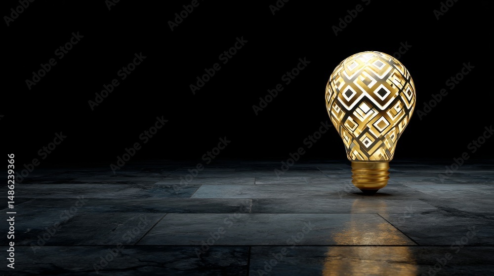 Poster A close-up shot reveals a glowing light bulb filled with intricate geometric patterns, symbolizing creativity and ingenuity on a dark slate surface