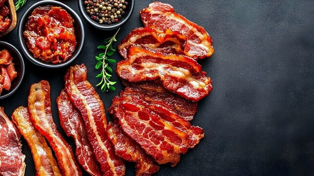 Several strips of bacon are arranged on a dark surface with spices and herbs, showcasing culinary presentation.