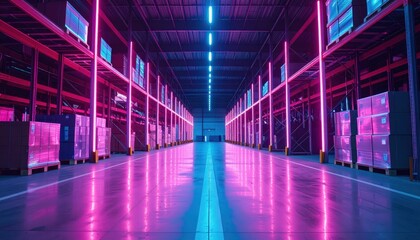 Fototapeta premium Neon Lit Shipping Depot with Shelving Units and Harsh Sunlight