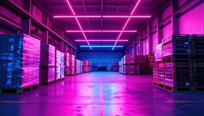 Neon Lit Shipping Depot with Stacked Pallets Under Vibrant Lights