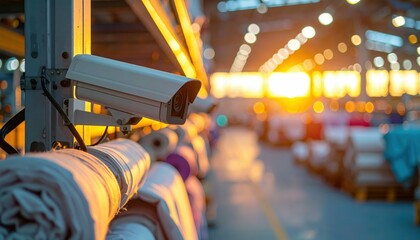 Neon-lit Textile Warehouse with Security Cameras at Golden Hour