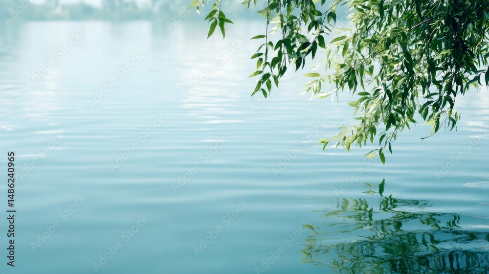 Leinwandbilder serene pond surface features gentle ripples and soft reflections of willow branches, bathed in diffu