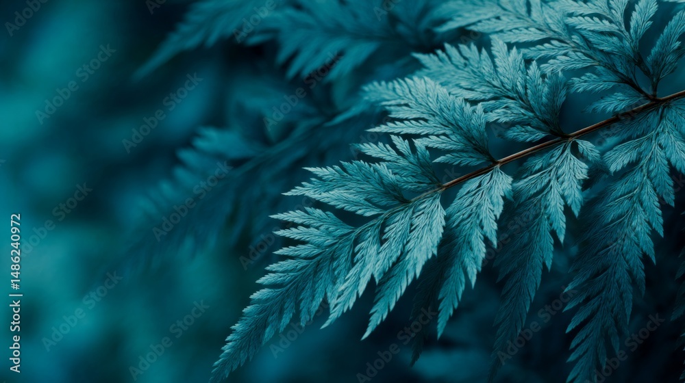 Poster dark green fern leaves exhibit detailed textures in a close-up shot, enhanced by moody lighting and 