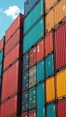 Fototapeta premium A diverse range of shipping containers, neatly stacked, representing efficient global logistics and the streamlined movement of goods vital to modern finance , trade finance, supply chain, port