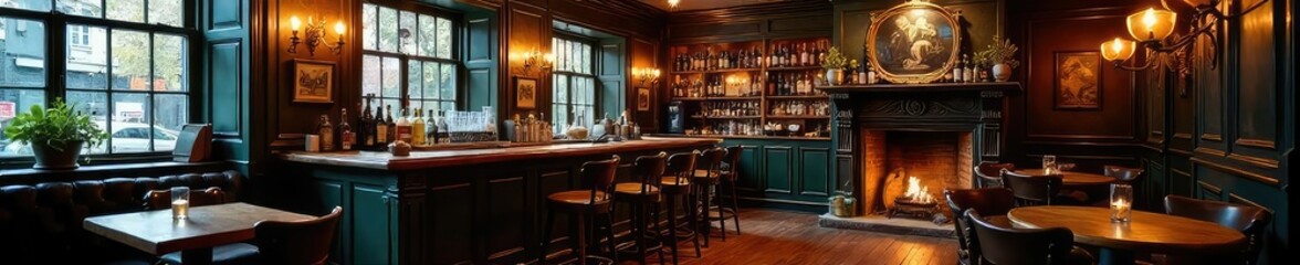 A cozy, traditional British pub interior, featuring dark wood furnishings, a fireplace, and a well-stocked bar Perfect for illustrating articles on British culture or pub atmospheres , pub sign, fire