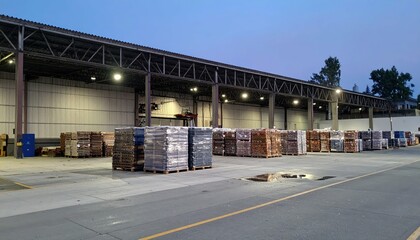 Stacked Pallets in Organized Warehouse Storage at Dusk