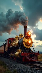 Naklejka premium A gleaming golden steam engine, pistons pumping, smoke billowing dramatically against a moody sky Perfect for vintage, industrial, power, and transportation themes , industrial, valve