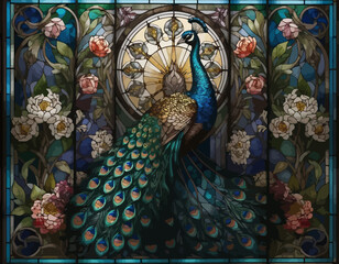 Peacock-Stained-Glass-Art-Nouveau-Inspired-Design-Floral-Peonies-and-Roses-Decorative-Panel-Artwork-Exquisite-Home-Decor-Luxury-Wall-Art-Illustration