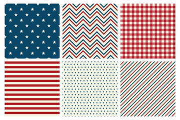 4th July backgrounds. Set of holiday geometric prints with stars, stripes and plaid