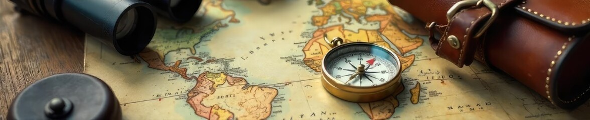 A lone compass rests on a worn map, surrounded by travel essentials like a vintage leather satchel and binoculars, suggesting a journey of exploration and discovery , trekking, desert