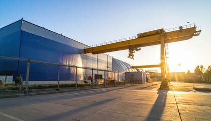 Obraz premium Organized Chemical Storage Warehouse with Overhead Crane at Sunset