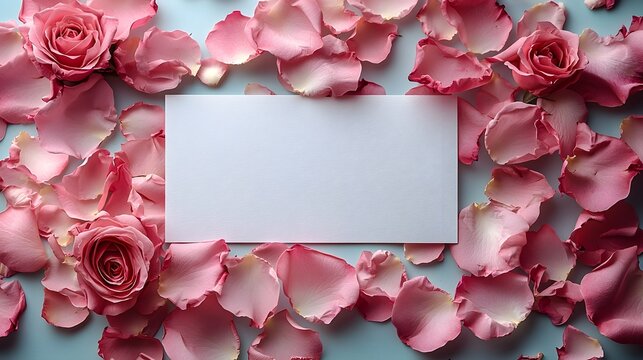 Delicate pink rose petals frame a blank gift card for Valentine s Day - Powered by Adobe