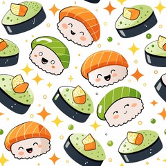 Cute sushi pattern with happy faces