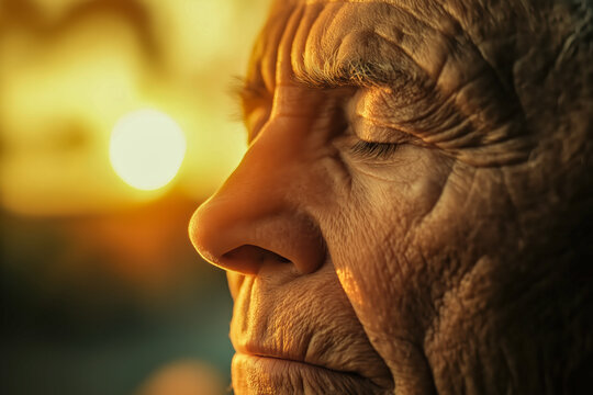 Close-up of elderly man meditating with eyes closed during sunrise, symbolizing peace, mindfulness, aging wellness and early morning tranquility