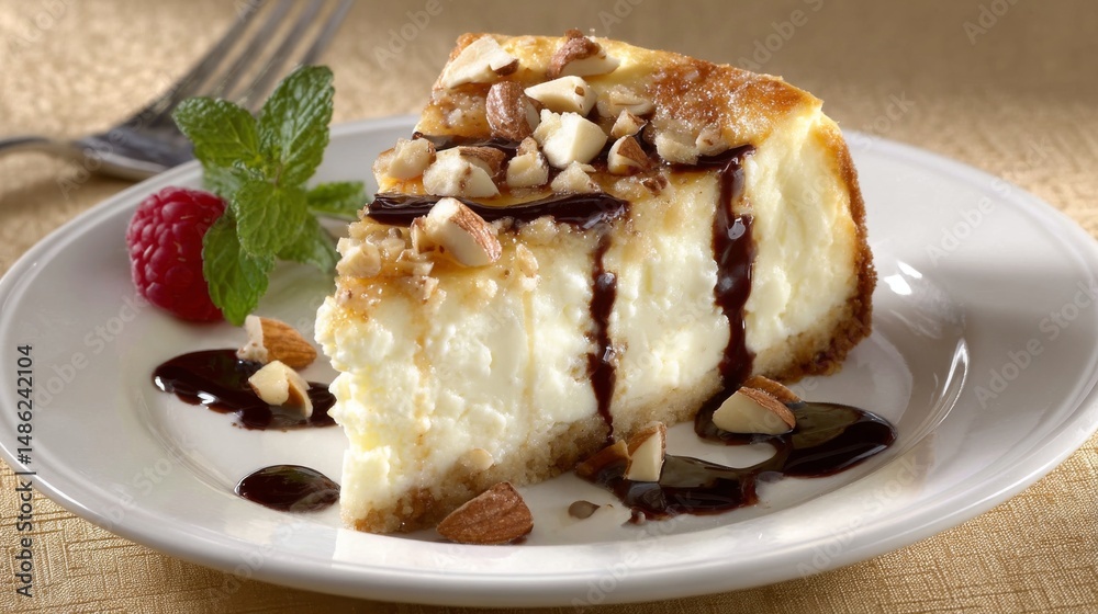 Poster a close-up view of a rich cheesecake slice drizzled with chocolate and adorned with nuts, placed on 
