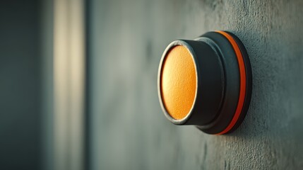 Industrial Orange Button on Grey Wall Close Up Abstract Texture Background