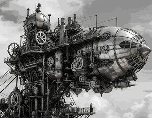 Steampunk-Airship-Fantasy-Art-Detailed-Gears-and-Pipes-Vintage-Mechanical-Marvel-Retro-Futuristic-Design-Monochrome-Steampunk-Inspiration-Airborne-Cityscape