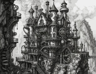 Steampunk-Architecture-Pencil-Drawing-Intricate-Clockwork-Fantasy-Castle-Detailed-Illustration-Gears-Towers-Victorian-Era-Steampunk-Art-Steampunk-City