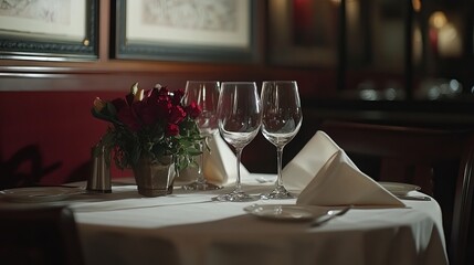 A sophisticated restaurant table, meticulously set with wine glasses and neatly folded napkins.
 