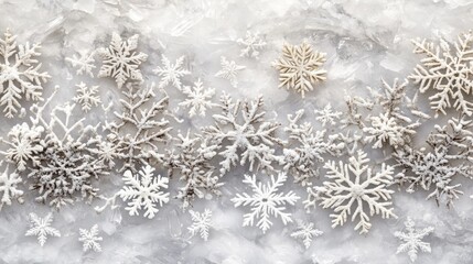 Elegant, textured snowflakes arranged on a light gray surface.