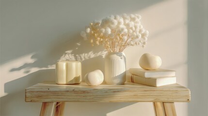 Still life scene with dried flower and various ornamental objects arranged on a wooden table illuminated by natural light, casting subtle shadows