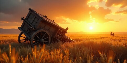 Fototapeta premium Ancient chariot overturned in a field of wheat, symbolic of a fallen empire and societal upheaval during a time of revolution The sun sets, casting long shadows , iron age, soil, authority