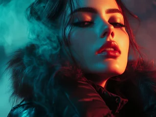 Brunette woman in fluffy fur coat under blue neon lights with mist, moody and stylish portrait. © ArTalya