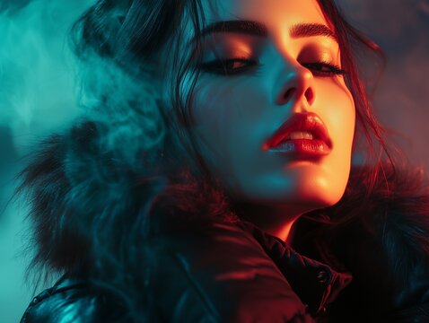 Brunette woman in fluffy fur coat under blue neon lights with mist, moody and stylish portrait.
