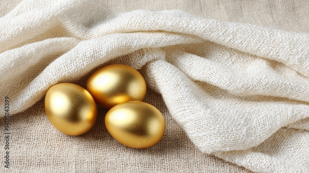 Aufkleber three glossy golden easter eggs rest on a soft fabric surface, illuminated gently with warm light, c