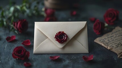 A romantic love letter sealed in a luxurious envelope with a rose
