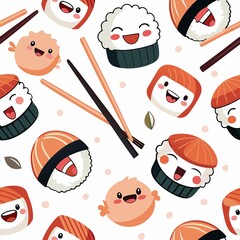 Cute sushi pattern with smiling faces and chopsticks (1)