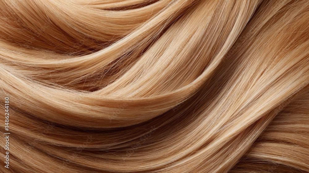 Poster Close-up view of blonde hair with silky, wavy strands cascading in layers, softly illuminated to highlight the texture and movement, creating a serene effect
