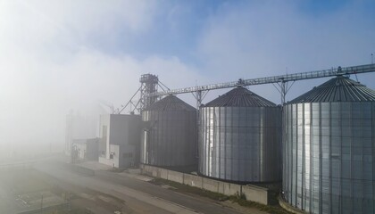 Obraz premium Foggy Scene of Organized Grain Silos with Robotic Pickers in Action