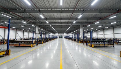 Fototapeta premium Organized Warehouse Interior with Packing Stations and Fluorescent Lights
