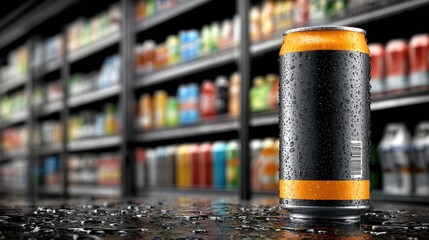 Cold Canned Drink on Wet Surface at Supermarket Beverage Aisle