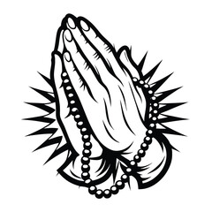 Monochrome Clipart Praying Hands Holding Rosary Beads with Sunburst Aura Design