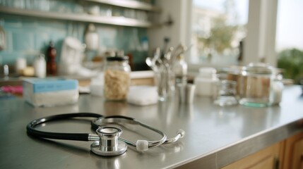 A polished stethoscope is placed on a sterile counter in a bright clinic, with various medical tools softly blurred in the background for an inviting atmosphere