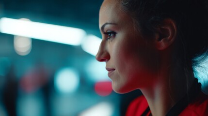 A dedicated female coder examines complex data streams in a cutting-edge tech lab, surrounded by holographic interfaces and luminous visuals