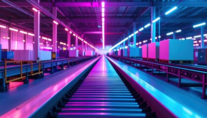 Fototapeta premium Organized Shipping Depot with Conveyor Belts under Neon Accents