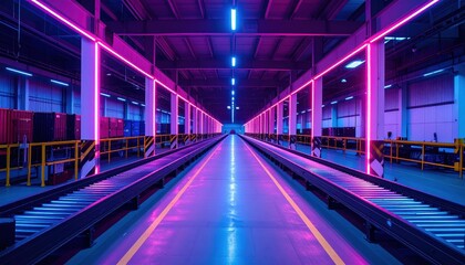 Fototapeta premium Neon Accented Shipping Depot with Conveyor Belts and Organized Space