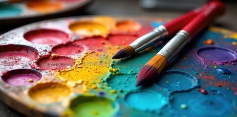 Obraz premium A vibrant artist's palette brimming with colorful oil paints, ready for the next masterpiece Brushes rest gently beside the richly hued mixture , colorful paints, tools, artwork
