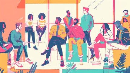 Obraz premium A vibrant, graphic illustration of a modern cafe interior with diverse people dining, socializing, and relaxing, rendered in a colorful flat-vector and thermal color palette.