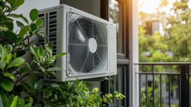 A air conditioner unit on the balcony, with green plants in front and bright sunlight creating a serene atmosphere