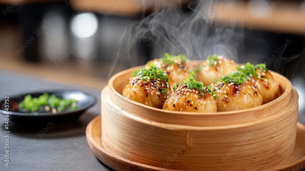 Poster steaming hand-rolled dumplings are served in a bamboo basket, topped with fresh chives and sesame se