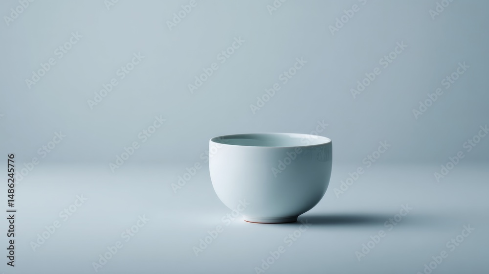 Poster Close-up of a white ceramic bowl centered on a clean white background, featuring soft shadows that create depth and provide space for text or design elements