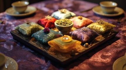 A close-up image of six colorful silk pouches filled with dried flowers, displayed on a wooden tray with a small bowl of dried flowers in the center. The pouches are arranged in a square pattern.