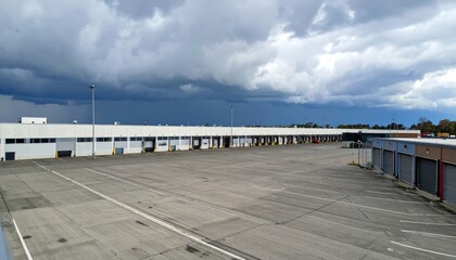 Organized Textile Warehouse with Loading Docks Under Stormy Skies