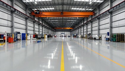 Spacious Warehouse with Overhead Cranes and Reflective Floor