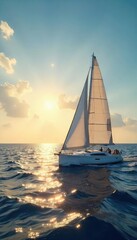 Fototapeta premium A majestic sailboat glides across a sun-drenched ocean, its white sails billowing in a gentle breeze, creating a picturesque scene of serenity and freedom on the open water , sailing, clouds, sails