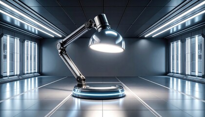 Bright illumination from an advanced lamp enhances the contemporary offices futuristic vibe.